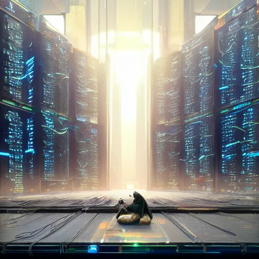 Image similar to professional painting of tiny people praying to monumental conscious supercomputer with huge - cybernetic - face!!!! in the center of endless colossal server room, trending on artstation, cyberpunk, sci - fi, futuristic, by greg rutkowski and maciej kuciara, high quality