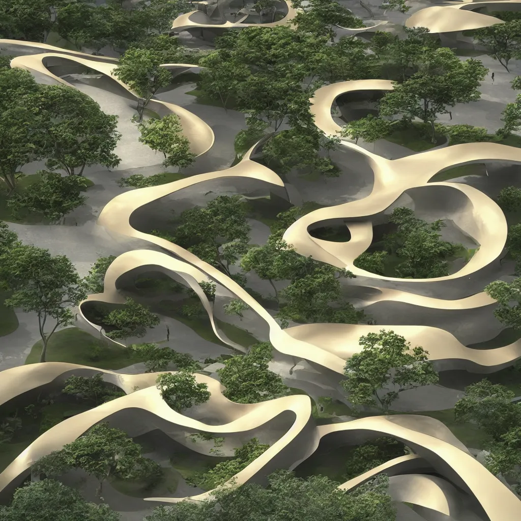 Prompt: “ an incredibly smooth curvilinear architectural sculpture, unfolding continuous golden surfaces enclose a visually interesting japanese zen garden designed by zaha hadid, architecture render ”