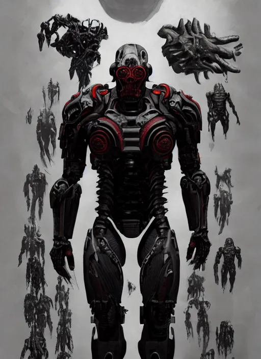 Image similar to zahn mcclarnon as victor stone, full body concept, cyborg, borg, strogg, face of a man, terminator, flesh, quake strogg, doom demon, wolfenstein, monstrous, powerful, symmetry, symmetrical, concept art by ruan jia and greg rutkowski