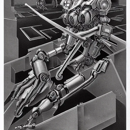 Prompt: combat mecha by m. c. escher, h. r. giger