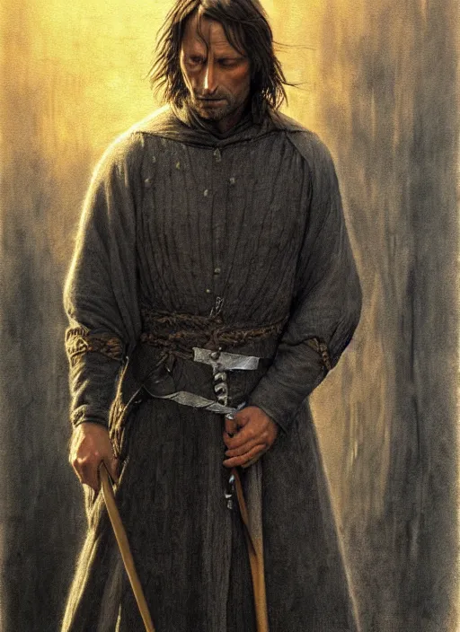 Image similar to Mads Mikkelsen as Aragorn by Alan Lee, golden hour, concept art, detailed clothing, art station, oil painting