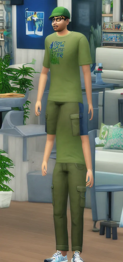 Image similar to full body image of a Sim from the Sims 4 in a blue tee shirt, green cargo pants and sneakers