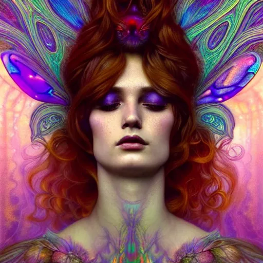 Prompt: An extremely psychedelic crystalline soul fairy, surreal, dramatic lighting, magic mushrooms, psilocybin, LSD, face, detailed, intricate, elegant, lithe, highly detailed, digital painting, artstation, concept art, smooth, sharp focus, illustration, art by Krenz Cushart and Artem Demura and alphonse mucha