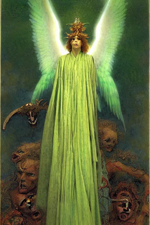 Image similar to a portrait of archangel raphael in a green toga by wayne barlowe, gustav moreau, goward,  Gaston Bussiere and roberto ferri, santiago caruso, and austin osman spare, ((((occult art))))