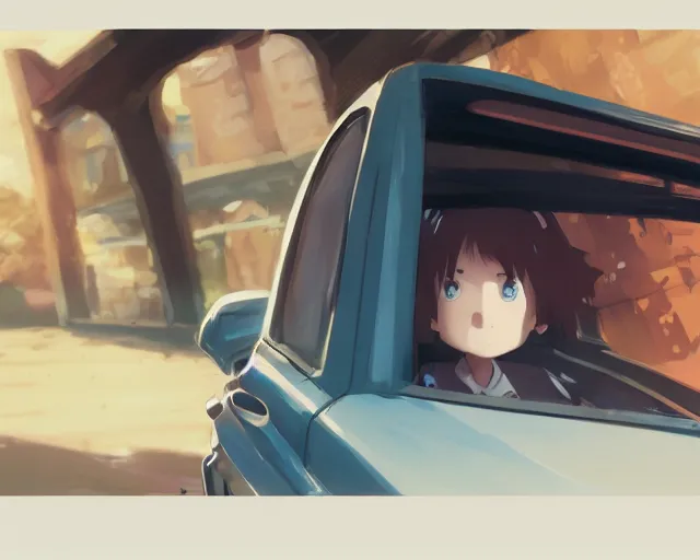 Image similar to a brunnete girl with blue eyes and puffy cheeks driving a car, close up shot from the back of the car, anime art, Greg Rutkowski, studio ghibli, dramatic lighting