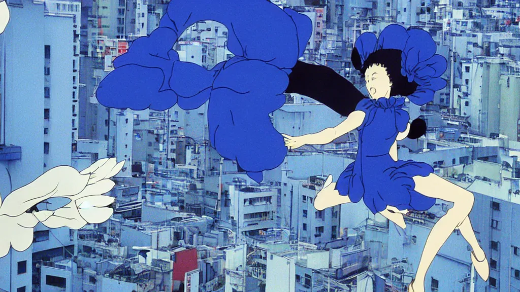 Prompt: a woman in a blue dress wearing a blue swan mask falling from a building in Tokyo , film still from the an anime directed by Katsuhiro Otomo with art direction by Salvador Dalí, wide lens