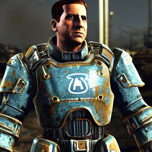 Image similar to Michael Scott wearing fallout 4 powerarmor, unreal engine, high res