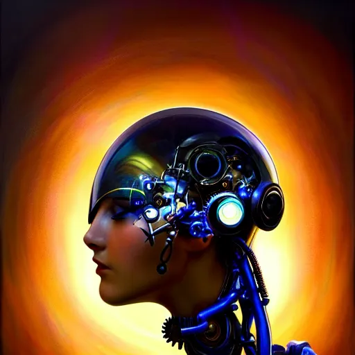 Image similar to portrait of the beautiful young robotic pilot of jets, surreal, fantasy, intricate, mechanical, elegant, dramatic lighting, emotionally evoking symbolic metaphor, highly detailed, gears, lifelike, photorealistic, digital painting, painterly, artstation, concept art, smooth, head in focus, sharp focus, background aerial battle, illustration, art by John Collier and Krenz Cushart and Artem Demura and Alphonse Mucha and Albert Aublet,