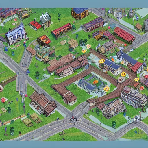 Image similar to a town map with town hall and playground, artstation, concept art, ghibli