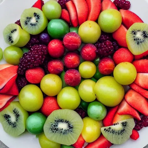 Prompt: a plate of fruit from a strange alien planet