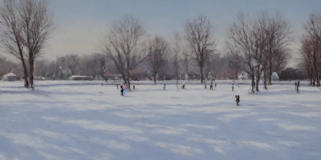 Prompt: a big circus in the snow ground, distant view ， oil painting