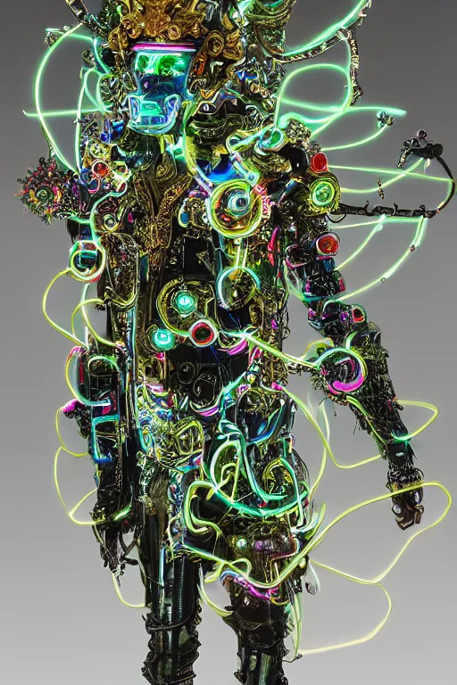 Image similar to full-body bladerunner neon baroque style sculpture of a young handsome Korean prince as a half cibernetic android with a chest opening exposing circuitry and electric sparks, glowing laser beam eyes, crown of giant neon diamonds, flowing neon green colored silk, fabric, raptors. baroque elements. full-length view. mechanical gear neon flowers. intricate artwork by caravaggio. black screen panel for a face. Trending on artstation, octane render, cinematic lighting from the right, hyper realism, octane render, 8k, depth of field, 3D