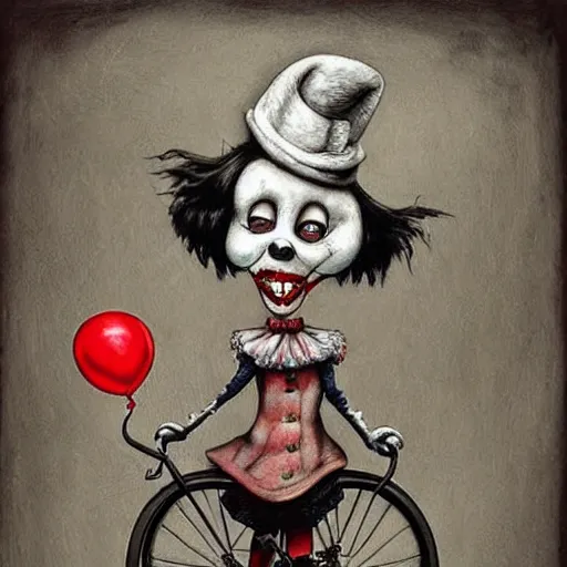 Prompt: grunge painting of a dog riding a bike with a wide smile and a red balloon by chris leib, loony toons style, pennywise style, corpse bride style, horror theme, detailed, elegant, intricate