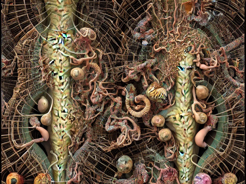 Image similar to humans eating youself in ancient city art by ernst haeckel, fractal, hypermaximalism unreal render engine 8 k