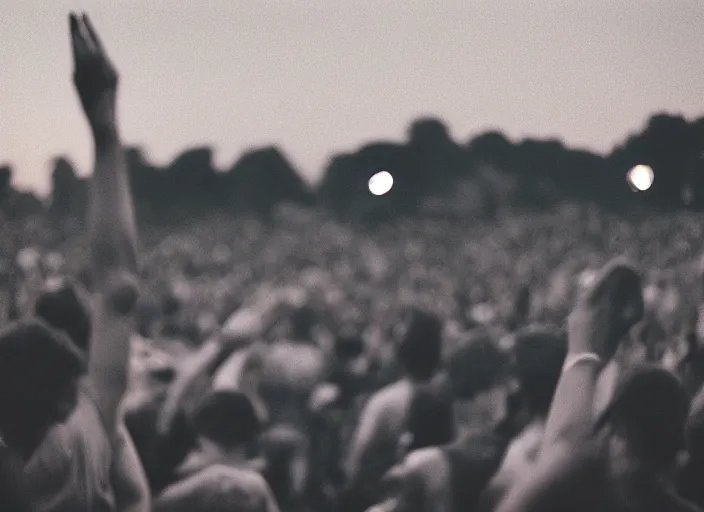 Image similar to a 2 8 mm macro photo from the back of a crowd at a rock concert festival in silhouette in the 1 9 6 0 s, bokeh, canon 5 0 mm, cinematic lighting, dramatic, film, photography, golden hour, depth of field, award - winning, 3 5 mm film grain