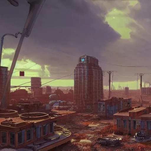 Image similar to Steampunk buildings with the sun shining through the clouds in wasteland by Simon Stålenhag and Grant Wood,In style of Retro Futurism Art.hyper detailed,8K Resolution,unreal engine 5,epic lighting,Ray Tracing,highly realistic