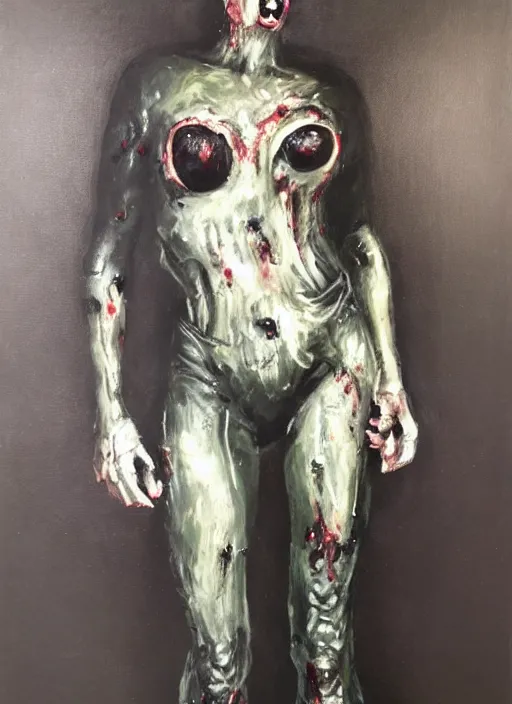 Image similar to oil painting of female monster full figure made out of black latex, full body armor, horror