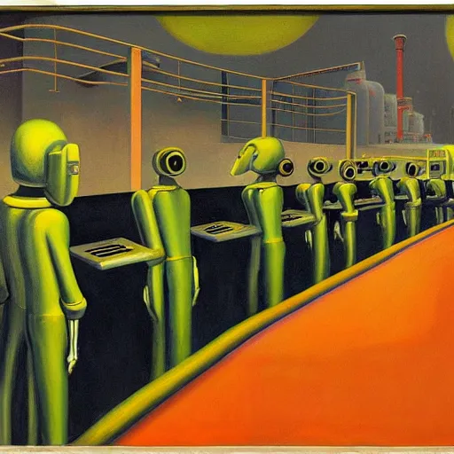 Prompt: powerless humans on a conveyor belt, guarded by fascist robot overlords, brutalist industrial processing facility, dystopian, pj crook, edward hopper, oil on canvas