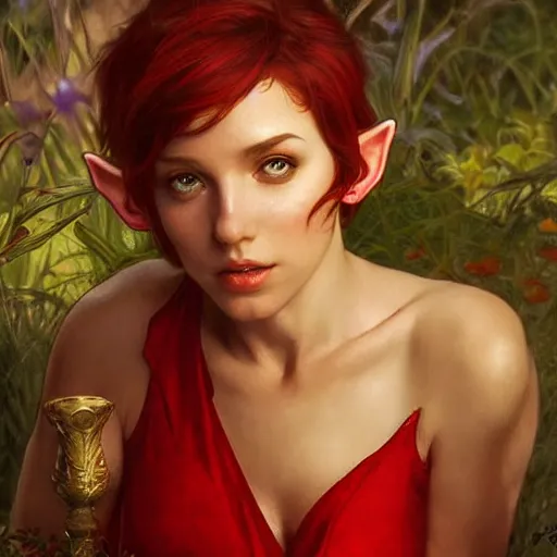 Image similar to statuesque elf resting, short hair, red and gold clothes, sharp focus, intricate, smooth, ultra realistic digital art, d & d, high fantasy, pointed ears, elegant, by artgerm, greg rutkowski, raymond swanland, alphonse mucha