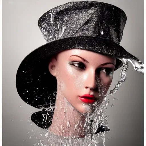 Prompt: a beautiful hat made out of a splashing water, on a mannequin. high quality, high resolution, studio lighting