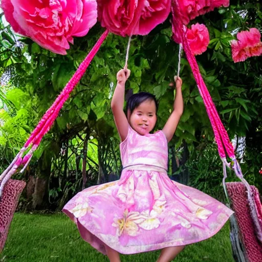 Prompt: A girl in a peony dress swings on a flower swing in Bali style by velasquez