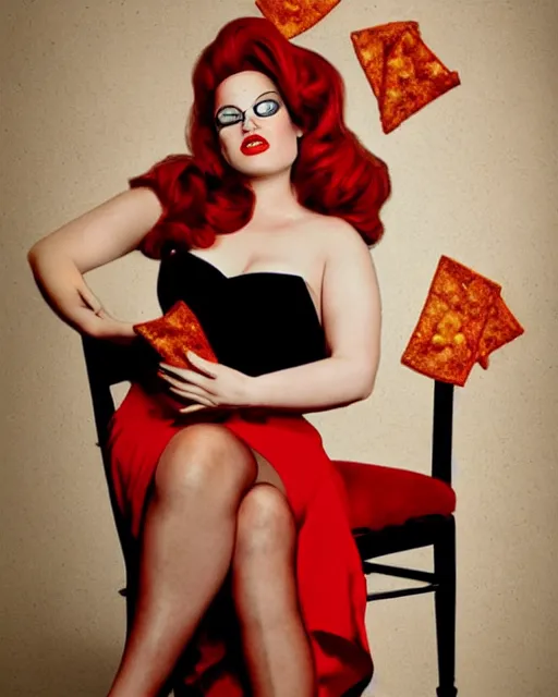 Image similar to Jessica Rabbit wearing red dress eating a bag of Doritos, sitting on a chair, photograph