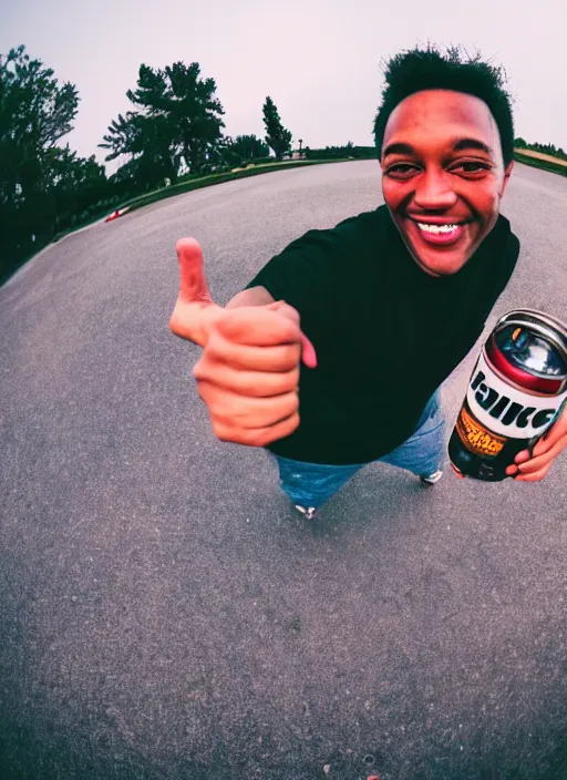 Image similar to photo of a person smiling and giving a thums up out doors. fisheye lens