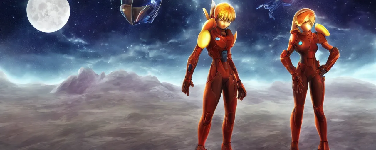 Prompt: Samus in the varia suit standing in the middle of a desolate planet, full body shot, wearing her helmet, looking into the horizon, the planet is full of otherworldly natural structures, a moon floats above the horizon, artstation, digital 2d drawing, high detail