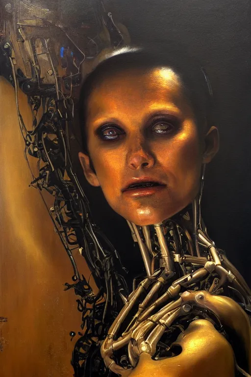 Prompt: beautiful oil painting portrait of biomechanical woman face connected to the machine by phil hale, wayne barlowe, rembrandt, complex, stunning, realistic skin color, 4 k, high res, awardwinning, masterpiece, realistic lighting