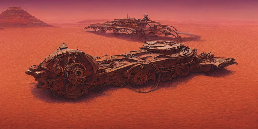 Image similar to steampunk hovercraft going at high speed across a red desert, trailing red sand, greg rutkowski, 8 k, shallow depth of field, intricate detail, concept art,