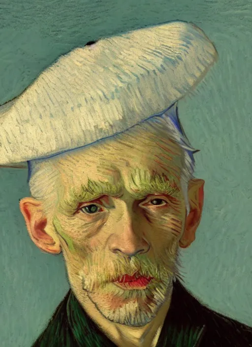 Image similar to portrait of a very old sailor with white hair and hat, asleep, detailed realism face in painting, detailed beautiful portrait, expressionist oil painting masterpiece, 8 k resolution, smooth, sharp focus, pastel color palette, trending on artstation, by van gogh