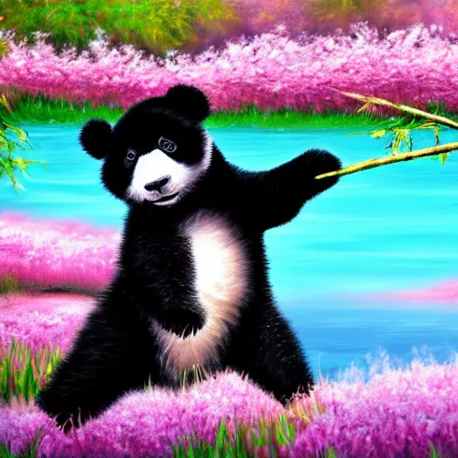 Prompt: cute fluffy happy baby panda cub playing in spring landscape with lake and flowering trees detailed painting 4k