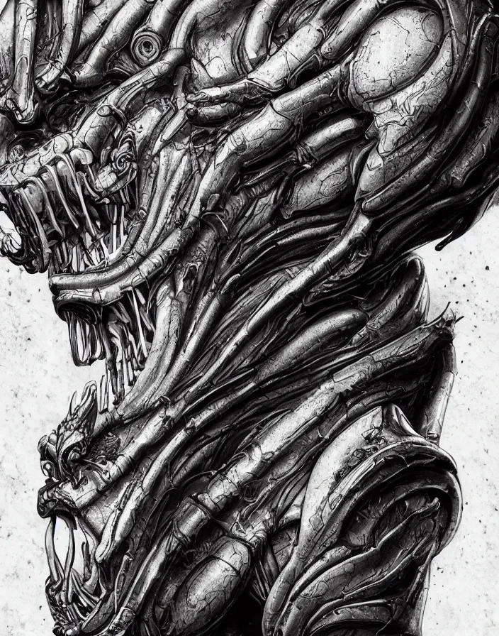 Image similar to engineer prometheus face by Artgerm, xenomorph alien, highly detailed, symmetrical long head, smooth marble surfaces, detailed ink illustration, raiden metal gear, cinematic smooth stone, deep aesthetic, concept art, post process, 4k, carved marble texture and silk cloth, latex skin, highly ornate intricate details, prometheus, evil, moody lighting, hr geiger, hayao miyazaki, indsutrial Steampunk