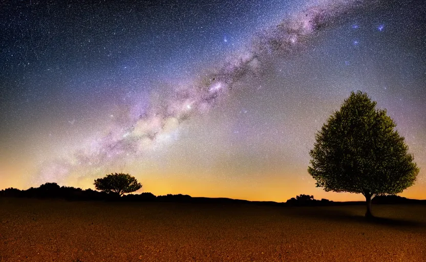 Prompt: night photography of the milky way with a tree in foreground, highly detailed, photorealistic