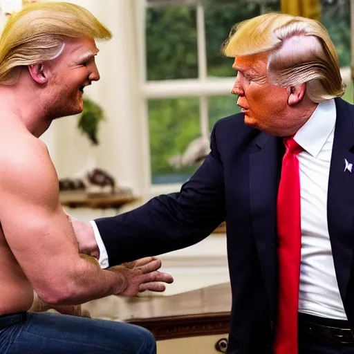 Image similar to donald trump with no shirt feeding chris pratt while slapping his bottom