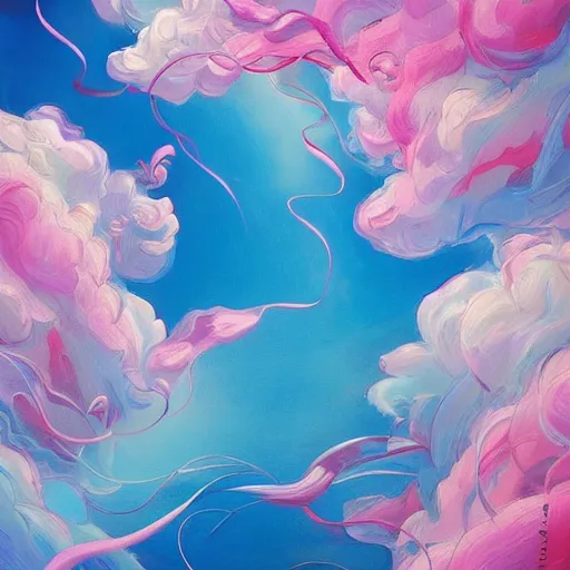 Image similar to a swirl of pastel color with large painting strokes with flowers flying through a blue and pink sky 3 d art abstract, art nouveau 3 d, baroque, expressionism, illustration, lowbrow, manga, pop