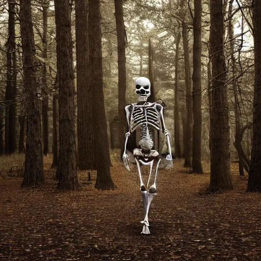 Prompt: a mysterious photography of a skeleton walking in a wood, hyper detailed, dark, 8 k, hd,