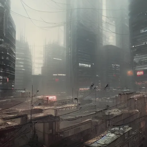 Prompt: an abandoned dystopian cyberpunk city with a bad weather and foggy sky, award winning, trending on artstation, unreal engine