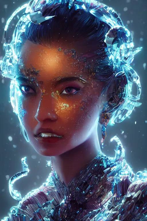 Prompt: A fancy portrait of a crystalized creature by Greg Rutkowski, beeple, Sung Choi, Mitchell Mohrhauser, Maciej Kuciara, Johnson Ting, Maxim Verehin, Peter Konig, final fantasy, 8k photorealistic, cinematic lighting, HD, high details, dramatic, dark atmosphere, trending on artstation