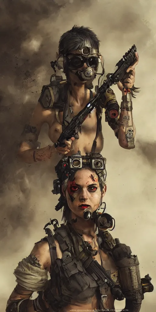 Image similar to tank girl, ultra highly detailed, fine art, action pose, wild eyes, dystopian, girl power, girl hero, anti war theme, in the style of greg rutkowski, 4 k