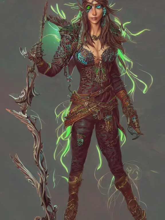 Image similar to full body front view portrait of a female elven pirate, character design, correct anatomy, concept art, digital illustration, ray tracing, ultra detailed, fantasy, neon lighting, intricate and highly detailed, coloured with lots of colour, pose, fantasy, sharp focus,