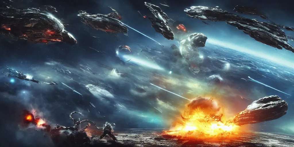 Image similar to an epic space battle fought between humanity and an alien species with the earth near destruction, high detail, high definition, photorealistic, 8k