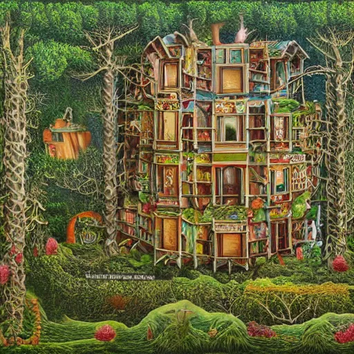 Prompt: a highly detailed multi story house entangled with trees by jacek yerka, 8k, vivid