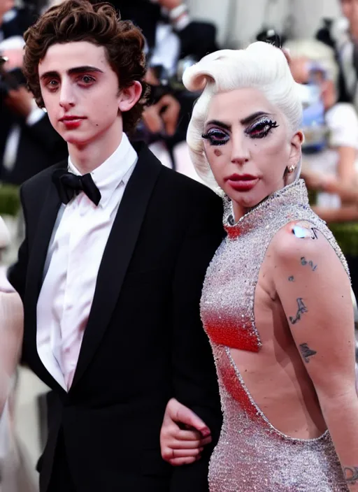 Image similar to timothee chalamet and lady gaga, canon, highly realistic. lady gaga, high resolution. highly detailed 8 k. 4 k.