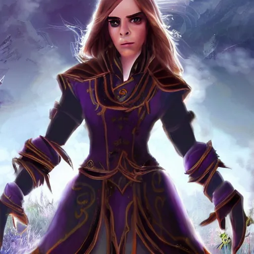 Image similar to Emma Watson in the style of the game World of Warcraft, with a background based on the game World of Warcraft, detailed face, old 3d graphics