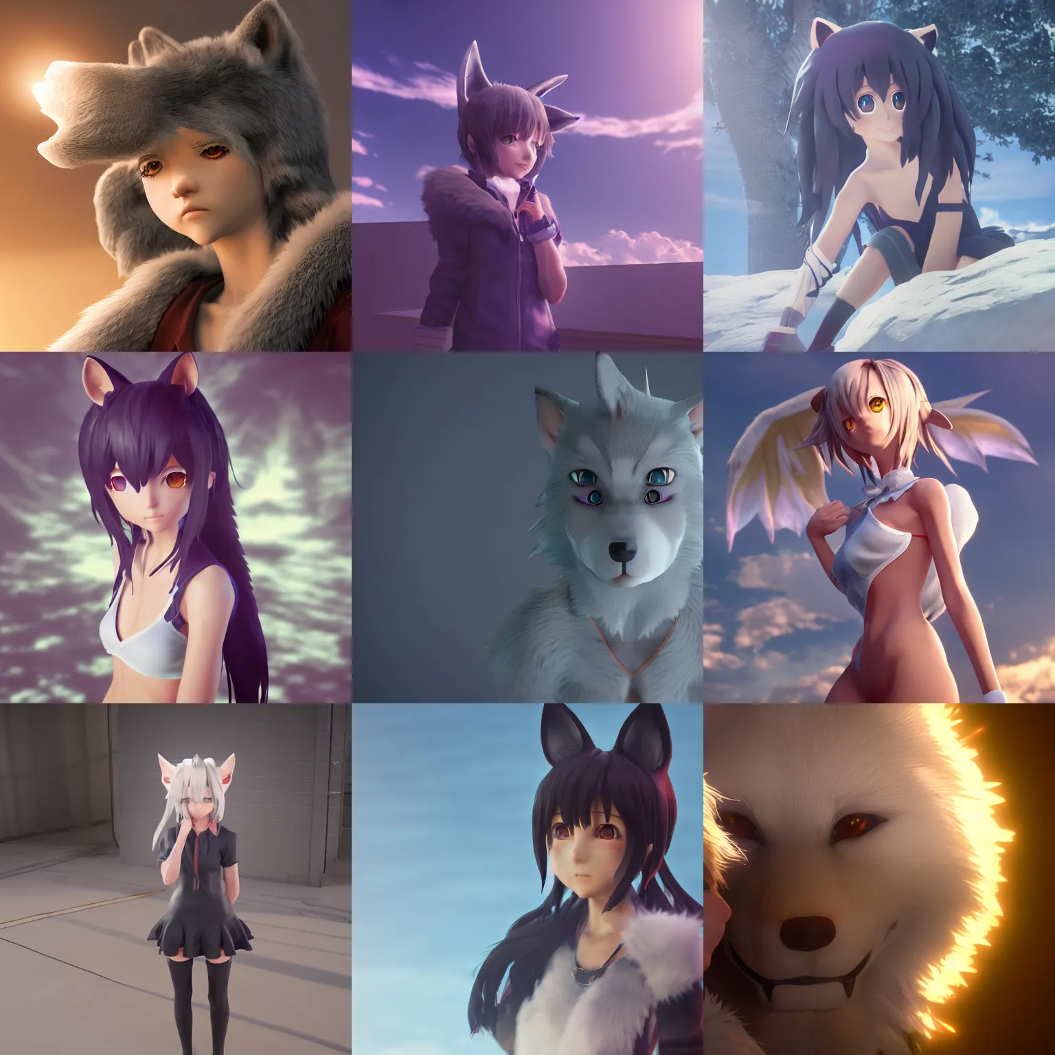 Prompt: A 3D render of an anime wolf girl, unreal engine, ray tracing, god rays, DAZ, 4K, UHD, octane render, cinematic, volumetric lightning, game engine, Makoto Shinkai