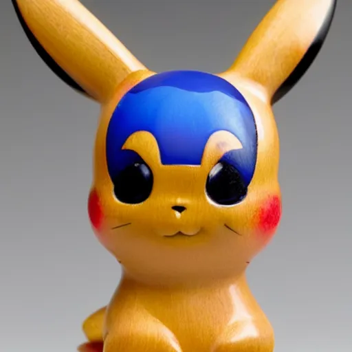 Prompt: a zoomed out studio product shot of a rounded carved smooth cherry wood and resin pikachu in profile, like a catalog photograph, where distinct sections of the carving are blue resin, but is mostly wood, with a smooth featureless minimalist short wooden nose with no nostrils, and a round minimalist behind