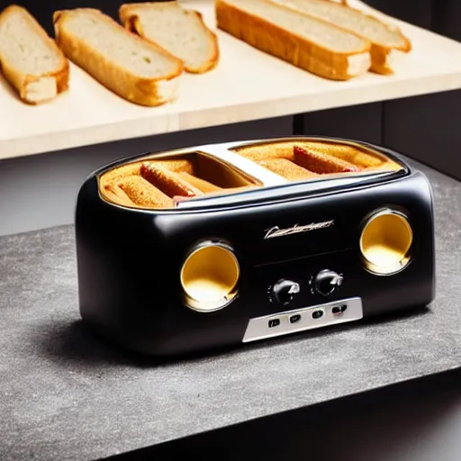 Image similar to a toaster that looks like a Lamborghini car, with bread in the slots, studio product shot