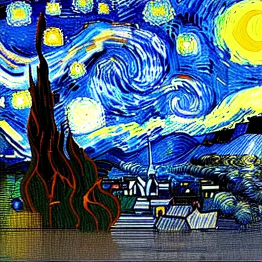 Prompt: Mount Fuji in the style of starry night by Van Gogh