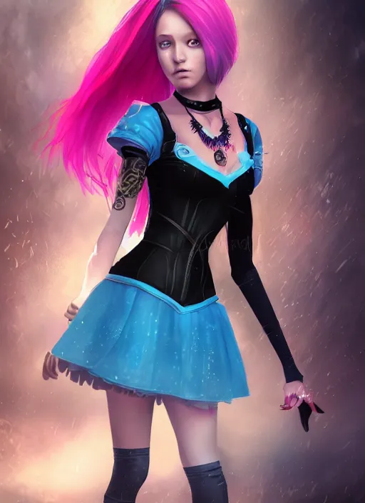 Prompt: An epic fantasy comic book style portrait painting of a young women, with pink hair, short black skirt, black leggings, blue shoes, cyan corset, with a cyan heart necklace Unreal 5, DAZ, hyperrealistic, octane render, cosplay, RPG portrait, dynamic lighting